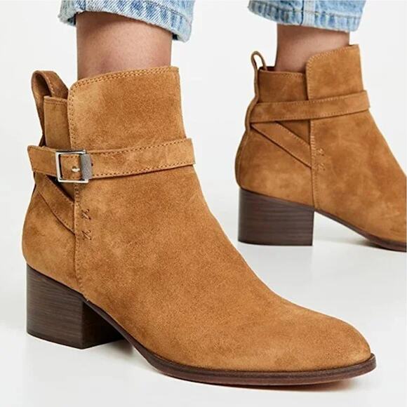 NEW Rag & Bone Walker Golden Brown Buckle Suede Heeled Bootie Size 36/6 - Picture 1 of 11
